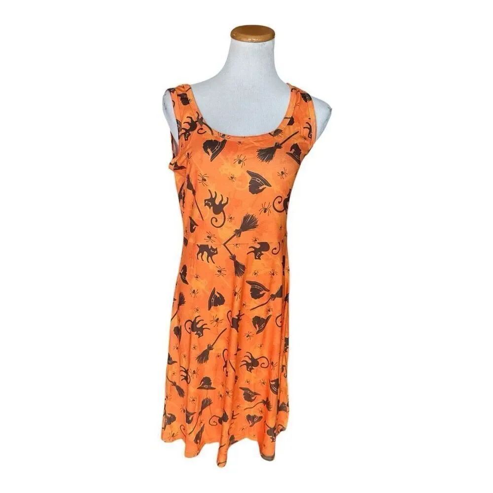 Brand New Womens Herou Sleeveless Halloween Black Cat Witch Print Dress - Sz M